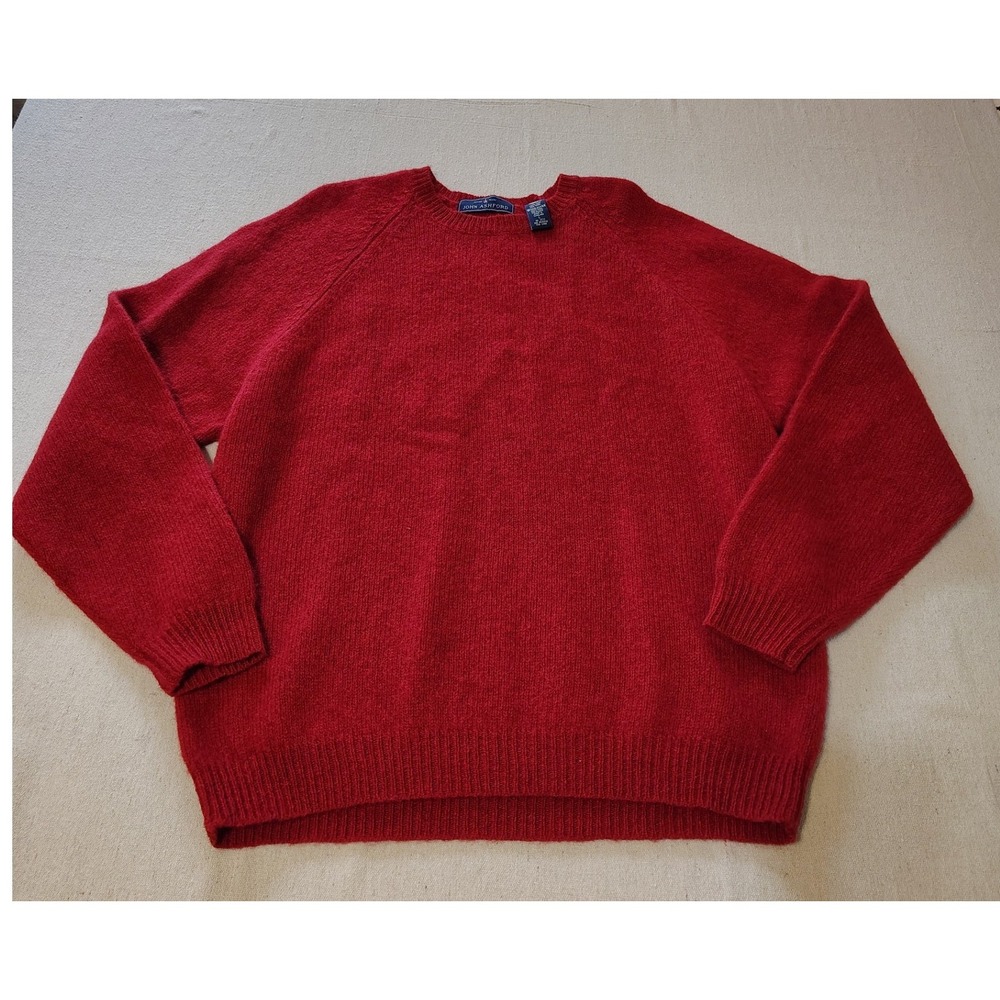 John Ashford Mens Red 100% Pure New Wool Crew Neck Raglan Sweater Size L 24